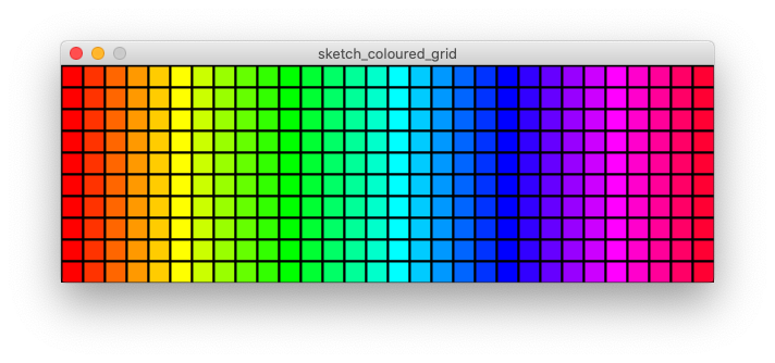 Regular grid, coloured in a spectrum of colours, with a black stroke around each cell.