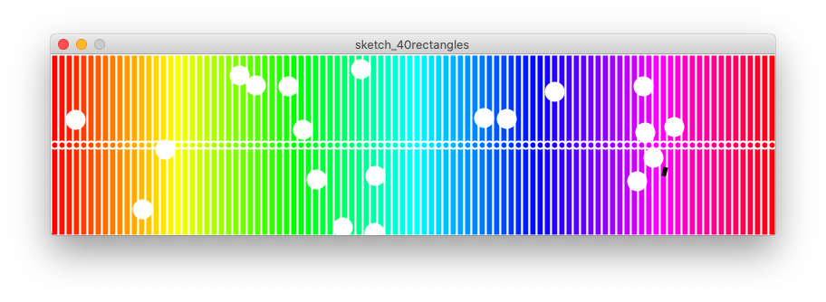 100 rectangles that fit in the width of the window, with 20 white circles placed on top