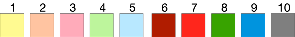 Image shows 10 rectangles on a white background. Each rectangle has a different hue, and is numbered 1 to 10.