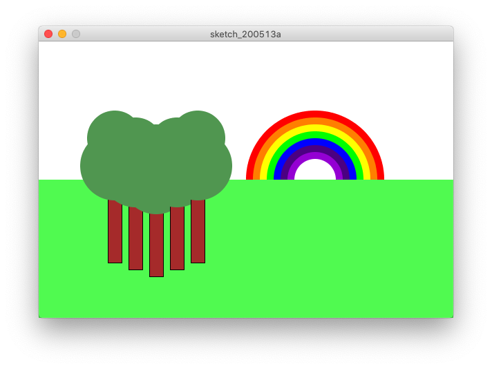 Rainbow scene with five trees.