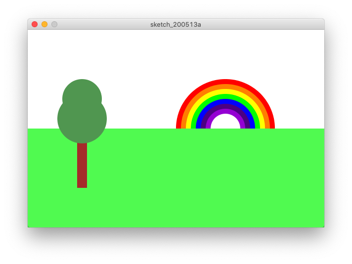 Rainbow scene with tree and grass, achieved in Processing.