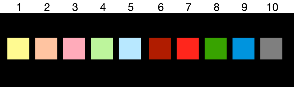 Image shows 10 coloured rectangles, on a black background, which are named 1 to 10. The idea is to name the colours.